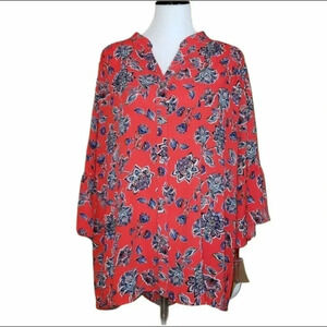Ruby Rd NWT 1X red floral tunic‎ w/ bell sleeves